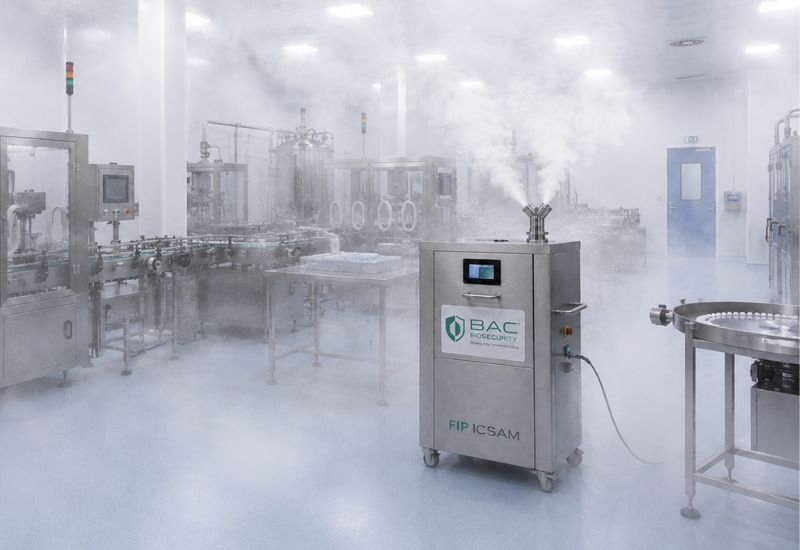 Imagen de máquina FIP - Fog In Place trabajando en laboratorio farmacéutico