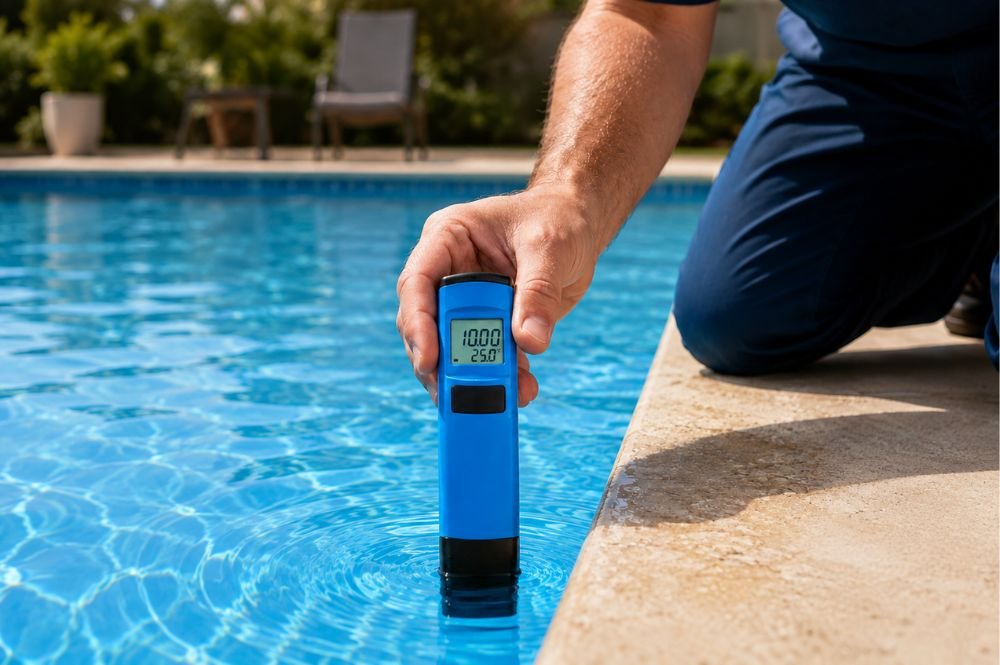 Imagen de toma de muestara de conductividad de un vaso de piscina