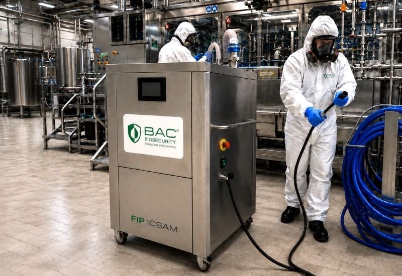 Imagen de técnico de ICSAM en un proceso de desinfección ambiental